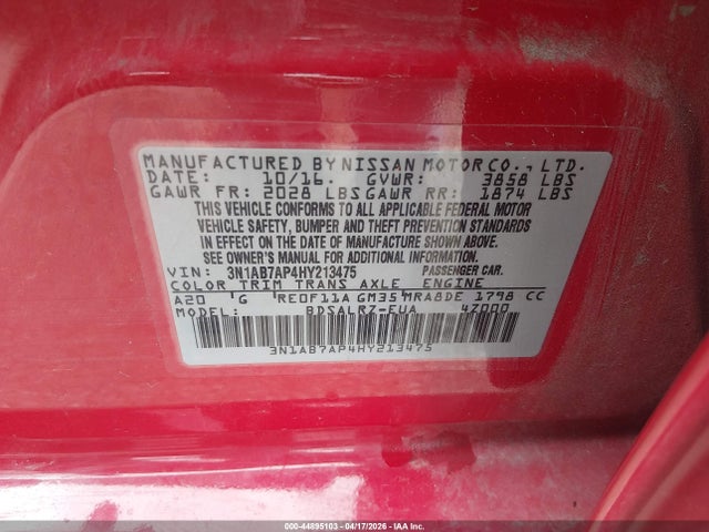 44895103 :رقم المزاد ، 3N1AB7AP4HY213475 vin ، 2017 Nissan Sentra S/sl/sr/sv مزاد بيع