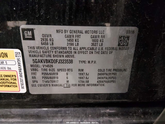 44895112 :رقم المزاد ، 5GAKVBKD0FJ323538 vin ، 2015 Buick Enclave Leather مزاد بيع