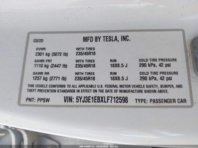 Продаж на аукціоні авто 2020 Tesla Model 3 Long Range Dual Motor All-wheel Drive, vin: 5YJ3E1EBXLF712598, номер лоту: 44895114