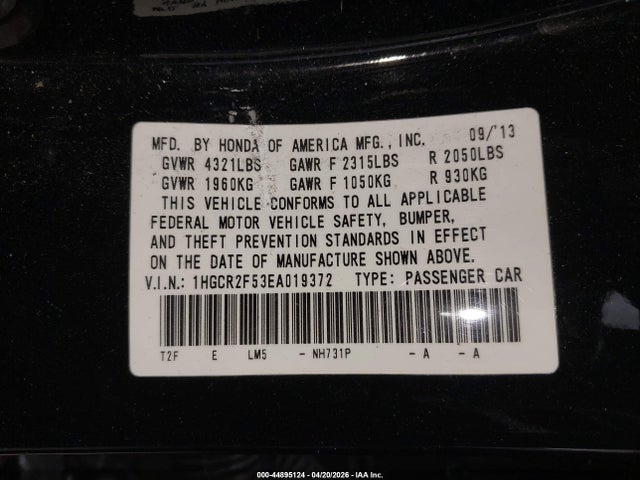 44895124 :رقم المزاد ، 1HGCR2F53EA019372 vin ، 2014 Honda Accord Sport مزاد بيع