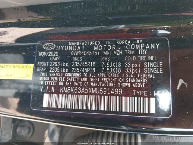 Aukcja sprzedaży 2021 Hyundai Kona Night, vin: KM8K63A5XMU691499, numer aukcji: 44895128