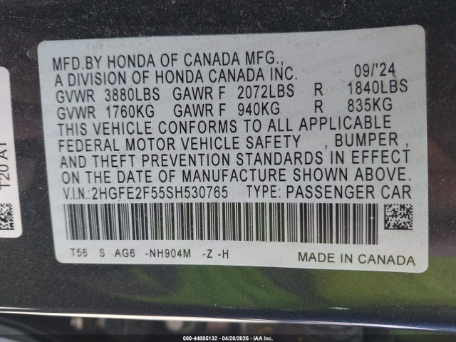 2025 Honda Civic Sport მანქანა იყიდება აუქციონზე, vin: 2HGFE2F55SH530765, აუქციონის ნომერი: 44895132