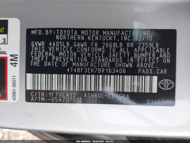 Продажа на аукционе авто 2011 Toyota Camry Xle, vin: 4T4BF3EK7BR163406, номер лота: 44895133