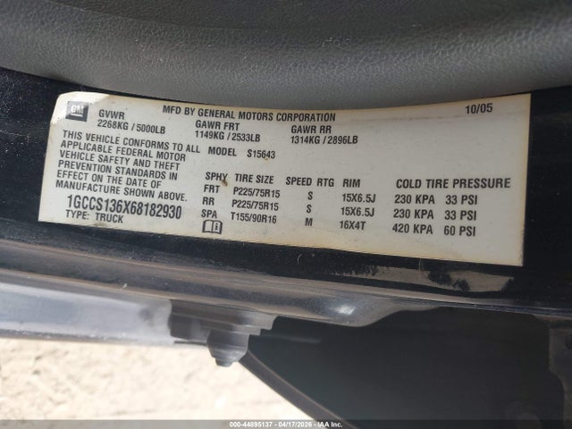 2006 Chevrolet Colorado Lt მანქანა იყიდება აუქციონზე, vin: 1GCCS136X68182930, აუქციონის ნომერი: 44895137