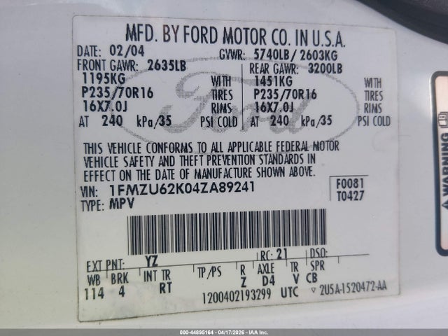 Aukcja sprzedaży 2004 Ford Explorer Xls, vin: 1FMZU62K04ZA89241, numer aukcji: 44895164