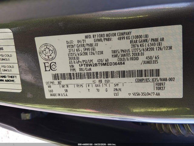 44895180 :رقم المزاد ، 1FT8W2BT9MED36484 vin ، 2021 Ford F-250 Lariat مزاد بيع
