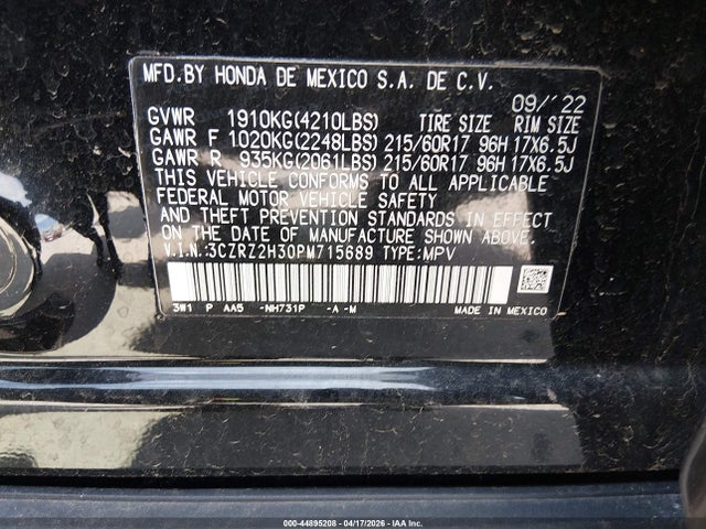 44895208 :رقم المزاد ، 3CZRZ2H30PM715689 vin ، 2023 Honda Hr-v Awd Lx مزاد بيع