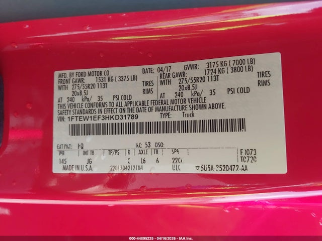 Продаж на аукціоні авто 2017 Ford F-150 Xl, vin: 1FTEW1EF3HKD31789, номер лоту: 44895225