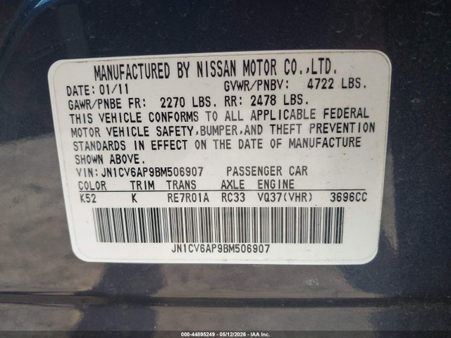 44895249 :رقم المزاد ، JN1CV6AP9BM506907 vin ، 2011 Infiniti G37 Journey مزاد بيع