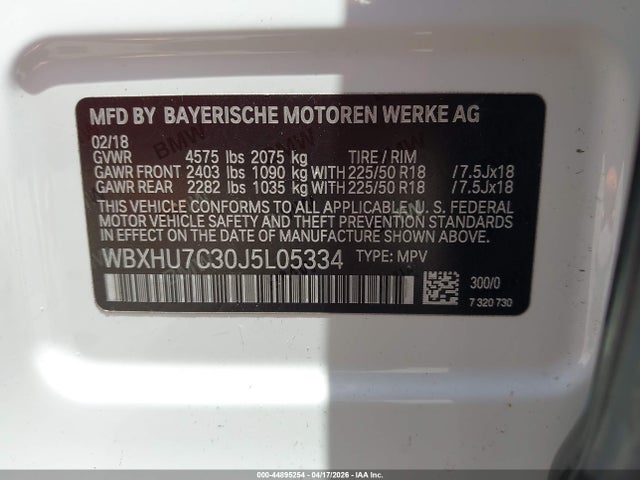 Aukcja sprzedaży 2018 Bmw X1 Sdrive28i, vin: WBXHU7C30J5L05334, numer aukcji: 44895254