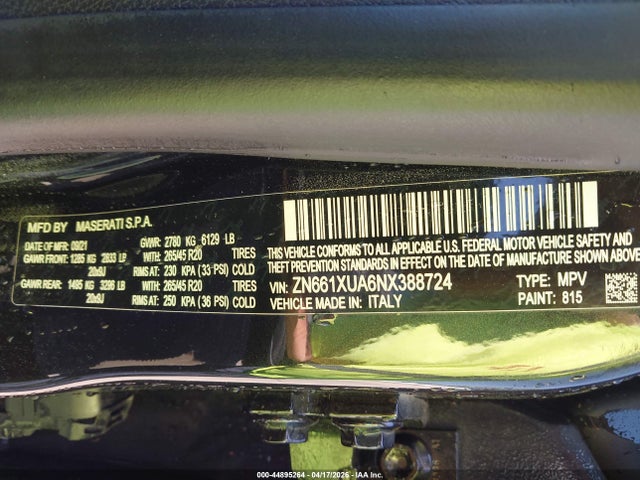 Продаж на аукціоні авто 2022 Maserati Levante Gt, vin: ZN661XUA6NX388724, номер лоту: 44895264
