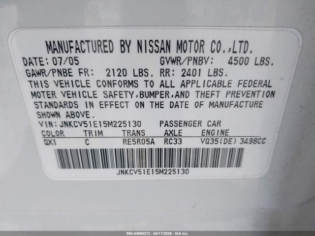 2005 Infiniti G35 მანქანა იყიდება აუქციონზე, vin: JNKCV51E15M225130, აუქციონის ნომერი: 44895272