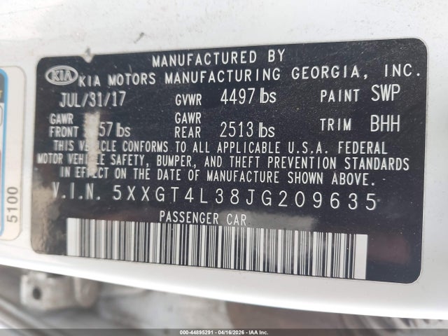 5XXGT4L38JG209635 KIA Optima Lx