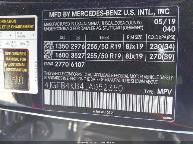 44895317 :رقم المزاد ، 4JGFB4KB4LA052350 vin ، 2020 Mercedes-benz Gle 350 4matic مزاد بيع