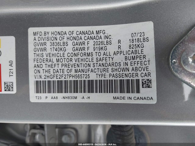 Продажа на аукционе авто 2023 Honda Civic Lx, vin: 2HGFE2F27PH565725, номер лота: 44895319