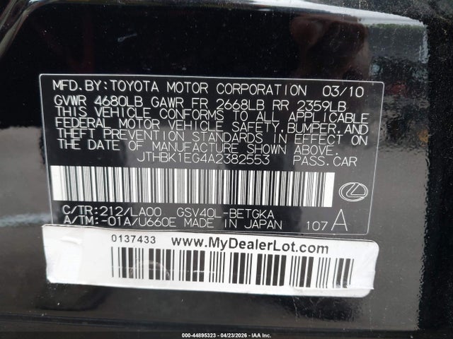 Продажа на аукционе авто 2010 Lexus Es 350, vin: JTHBK1EG4A2382553, номер лота: 44895323