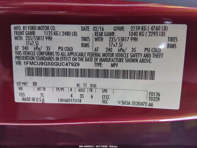 Продаж на аукціоні авто 2016 Ford Escape Se, vin: 1FMCU9GX0GUC47929, номер лоту: 44895331