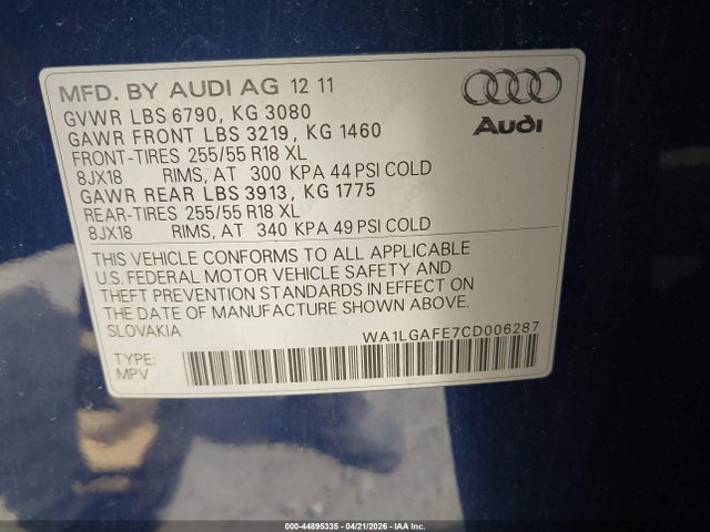 44895335 :رقم المزاد ، WA1LGAFE7CD006287 vin ، 2012 Audi Q7 3.0t Premium مزاد بيع