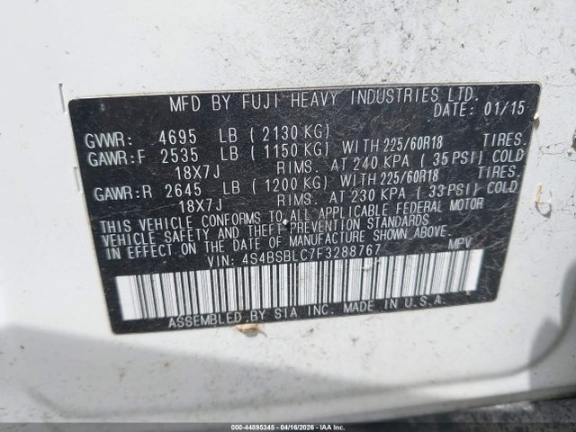 Aukcja sprzedaży 2015 Subaru Outback 2.5i Limited, vin: 4S4BSBLC7F3288767, numer aukcji: 44895345