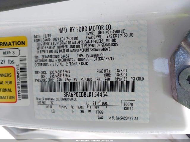 Ford FUSION SEL 2020 3FA6P0CD8LR154454 Image 9