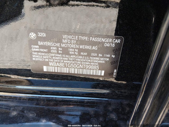 Продажа на аукционе авто 2016 Bmw 320i, vin: WBA8E1G50GNT99885, номер лота: 44895364