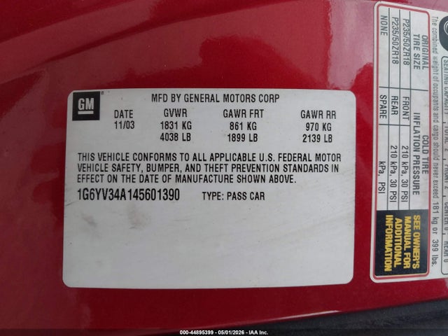 Aukcja sprzedaży 2004 Cadillac Xlr Standard, vin: 1G6YV34A145601390, numer aukcji: 44895399