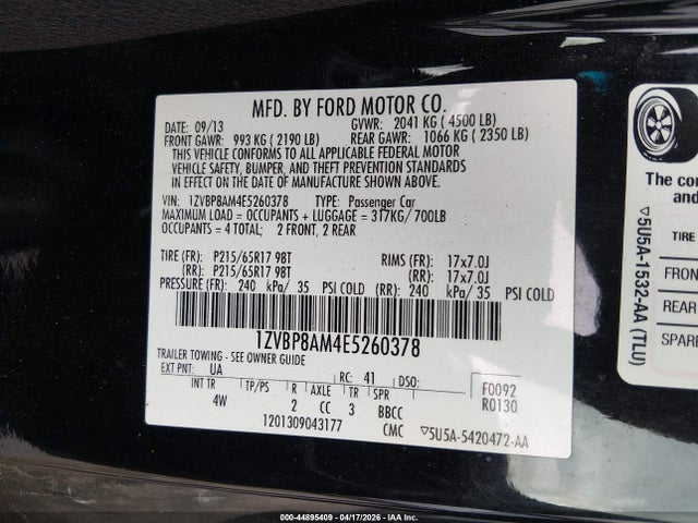 Продажа на аукционе авто 2014 Ford Mustang V6 Premium, vin: 1ZVBP8AM4E5260378, номер лота: 44895409