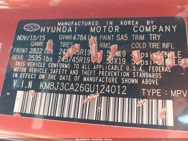 Продаж на аукціоні авто 2016 Hyundai Tucson Limited, vin: KM8J3CA26GU124012, номер лоту: 44895418