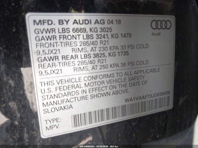 44895424 :رقم المزاد ، WA1VAAF73JD039005 vin ، 2018 Audi Q7 3.0t Premium مزاد بيع
