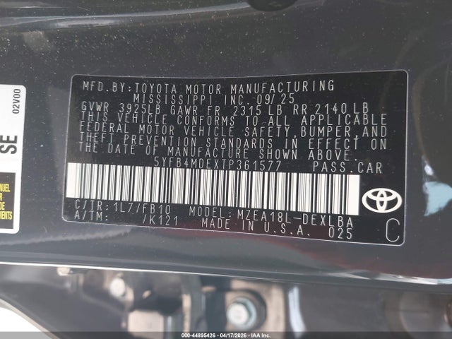 Aukcja sprzedaży 2026 Toyota Corolla Le, vin: 5YFB4MDEXTP361577, numer aukcji: 44895426