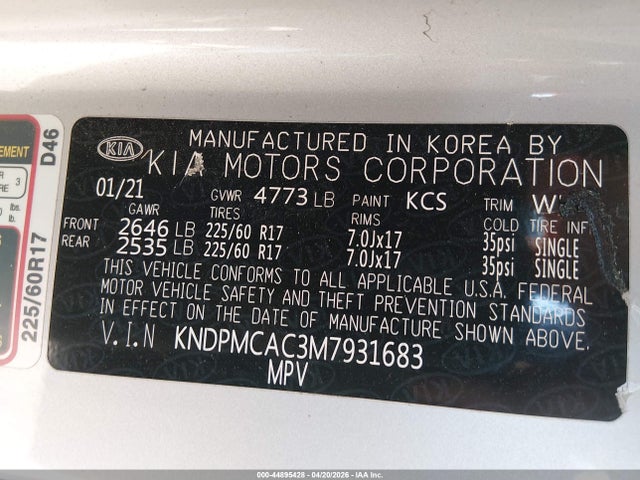 Aukcja sprzedaży 2021 Kia Sportage Lx, vin: KNDPMCAC3M7931683, numer aukcji: 44895428