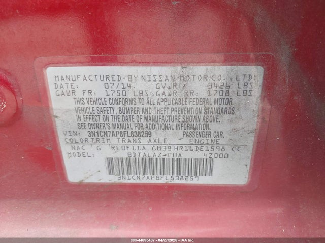 Nissan Versa 1.6 S+ 2015 3N1CN7AP8FL838259 Image 9