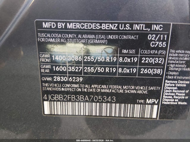 Aukcja sprzedaży 2011 Mercedes-benz Ml 350 Bluetec 4matic, vin: 4JGBB2FB3BA705343, numer aukcji: 44895445