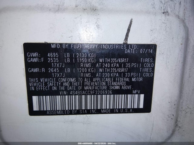 Продаж на аукціоні авто 2015 Subaru Outback 2.5i Premium, vin: 4S4BSACC9F3206936, номер лоту: 44895490