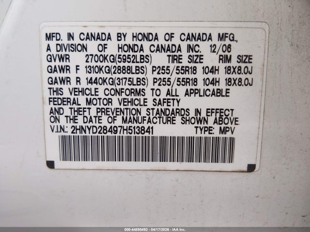44895492 :رقم المزاد ، 2HNYD28497H513841 vin ، 2007 Acura Mdx Technology Package مزاد بيع