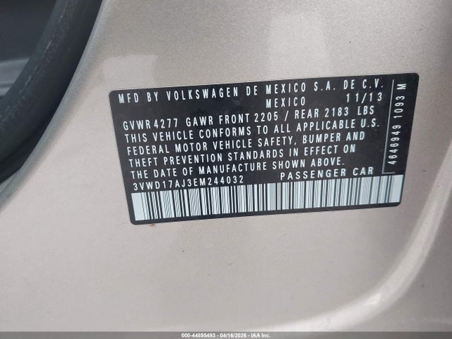 2014 Volkswagen Jetta 1.8t Se მანქანა იყიდება აუქციონზე, vin: 3VWD17AJ3EM244032, აუქციონის ნომერი: 44895493