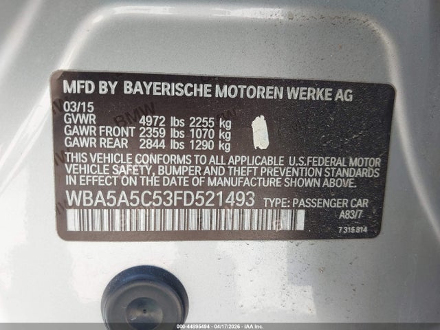 Продаж на аукціоні авто 2015 Bmw 528i, vin: WBA5A5C53FD521493, номер лоту: 44895494