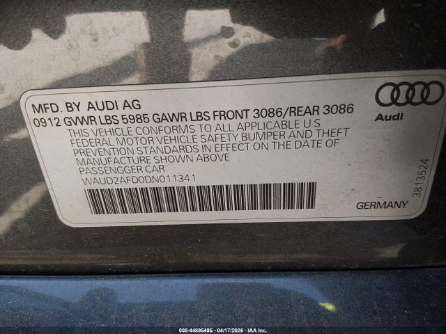 44895495 :رقم المزاد ، WAUD2AFD0DN011341 vin ، 2013 Audi S8 4.0t مزاد بيع