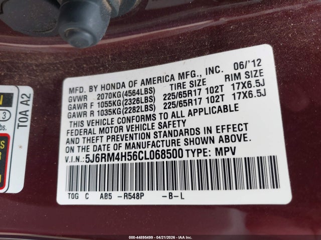Продажа на аукционе авто 2012 Honda Cr-v Ex, vin: 5J6RM4H56CL068500, номер лота: 44895499