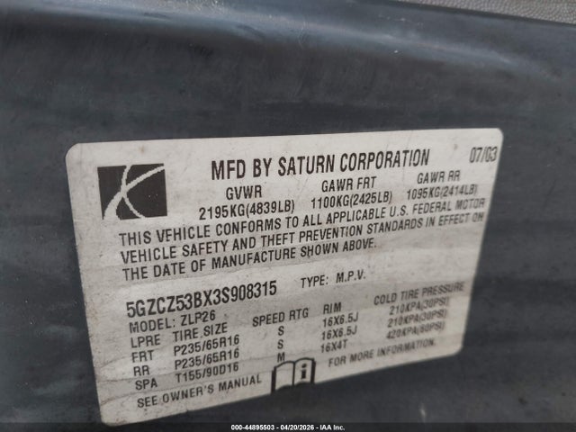 Aukcja sprzedaży 2003 Saturn Vue V6, vin: 5GZCZ53BX3S908315, numer aukcji: 44895503
