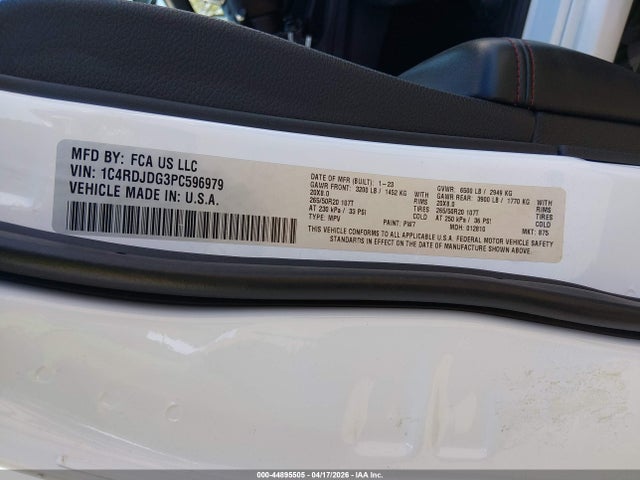 44895505 :رقم المزاد ، 1C4RDJDG3PC596979 vin ، 2023 Dodge Durango Gt Launch Edition  Awd مزاد بيع
