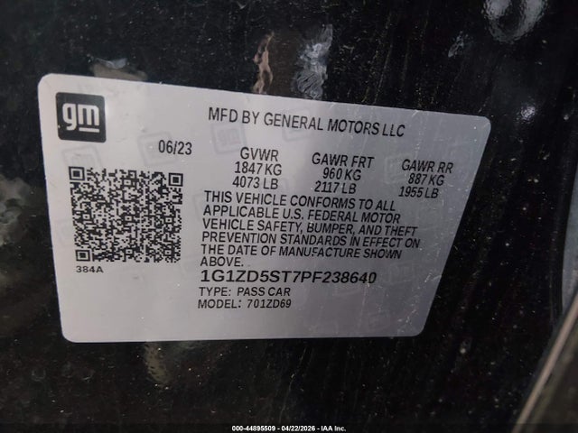 44895509 :رقم المزاد ، 1G1ZD5ST7PF238640 vin ، 2023 Chevrolet Malibu Fwd 1lt مزاد بيع