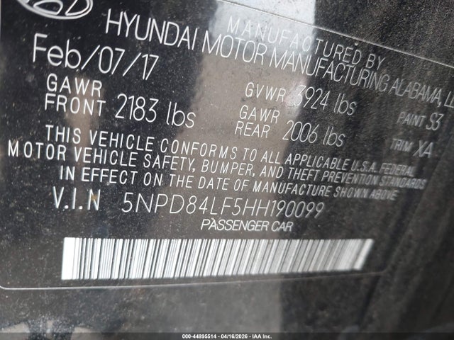 44895514 :رقم المزاد ، 5NPD84LF5HH190099 vin ، 2017 Hyundai Elantra Value Edition مزاد بيع