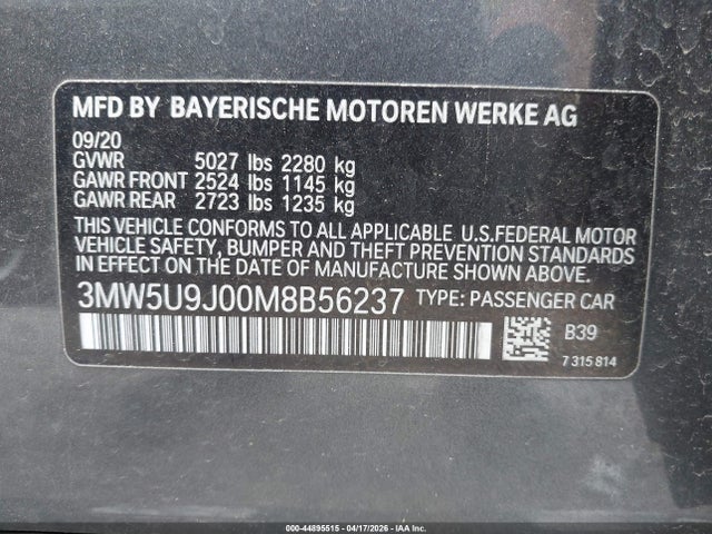 44895515 :رقم المزاد ، 3MW5U9J00M8B56237 vin ، 2021 Bmw M340i M340i Xdrive مزاد بيع