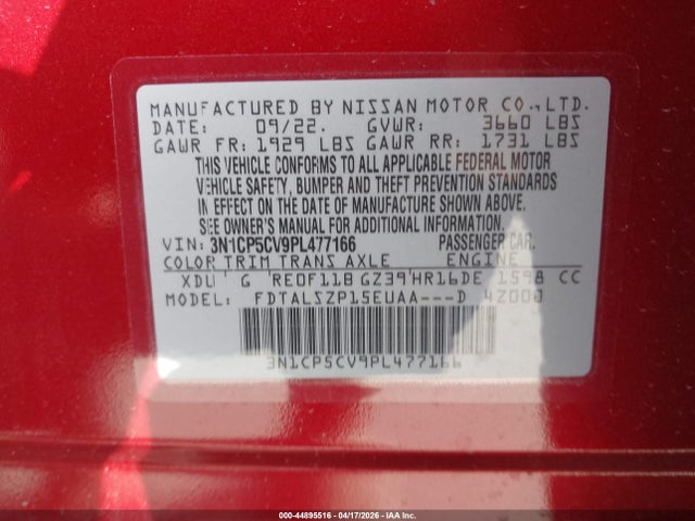 2023 Nissan Kicks Sv Xtronic Cvt მანქანა იყიდება აუქციონზე, vin: 3N1CP5CV9PL477166, აუქციონის ნომერი: 44895516