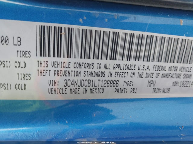 44895560 :رقم المزاد ، 3C4NJDCB1LT126866 vin ، 2020 Jeep Compass Limited 4x4 مزاد بيع