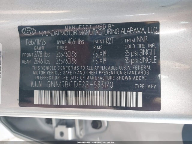Aukcja sprzedaży 2025 Hyundai Tucson Sel, vin: 5NMJBCDE2SH533170, numer aukcji: 44895562