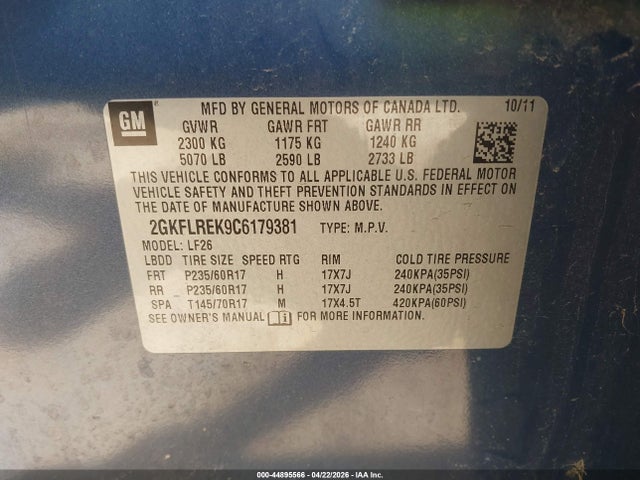 44895566 :رقم المزاد ، 2GKFLREK9C6179381 vin ، 2012 Gmc Terrain Sle-1 مزاد بيع