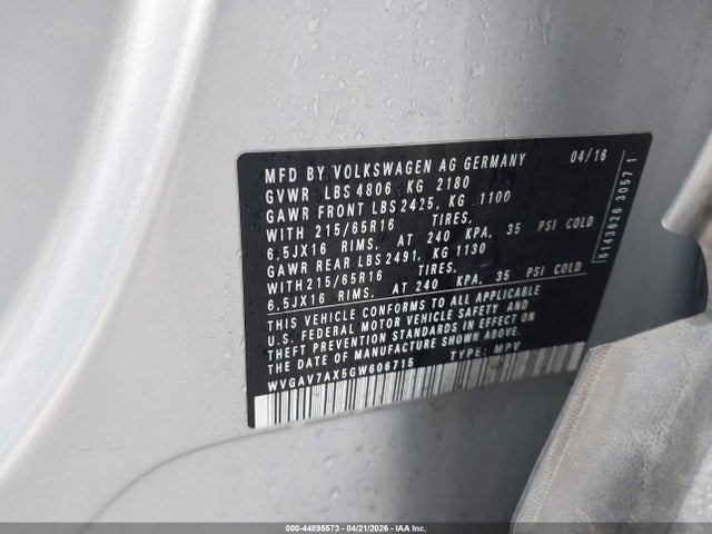 44895573 :رقم المزاد ، WVGAV7AX5GW606715 vin ، 2016 Volkswagen Tiguan S مزاد بيع