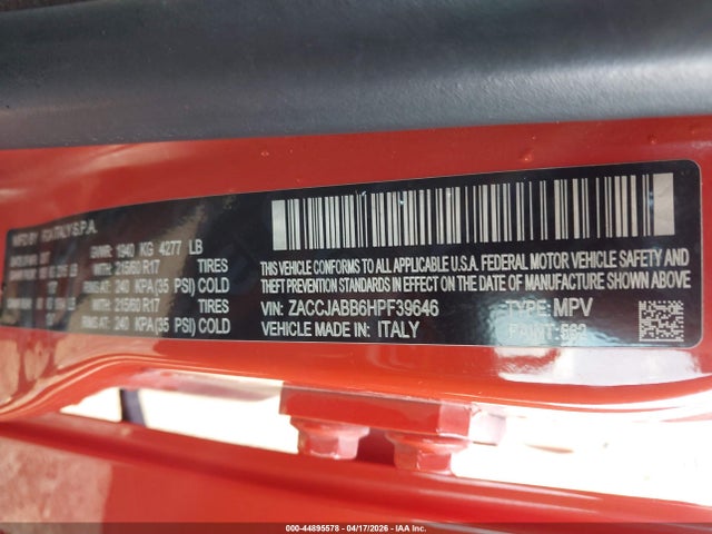 Aukcja sprzedaży 2017 Jeep Renegade Latitude Fwd, vin: ZACCJABB6HPF39646, numer aukcji: 44895578